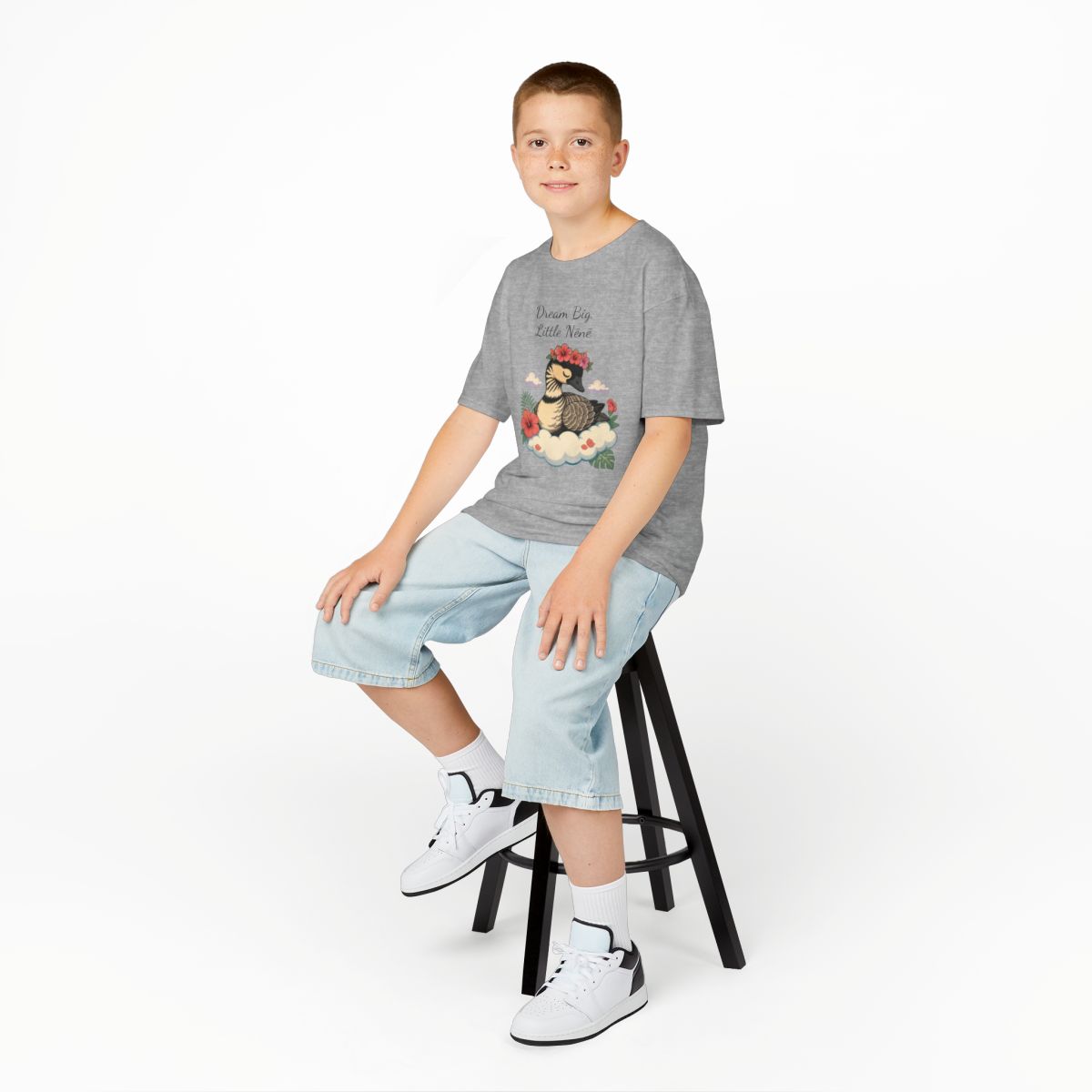 Dream Big Little Nēnē kids tee — Sport Grey (studio model photo)