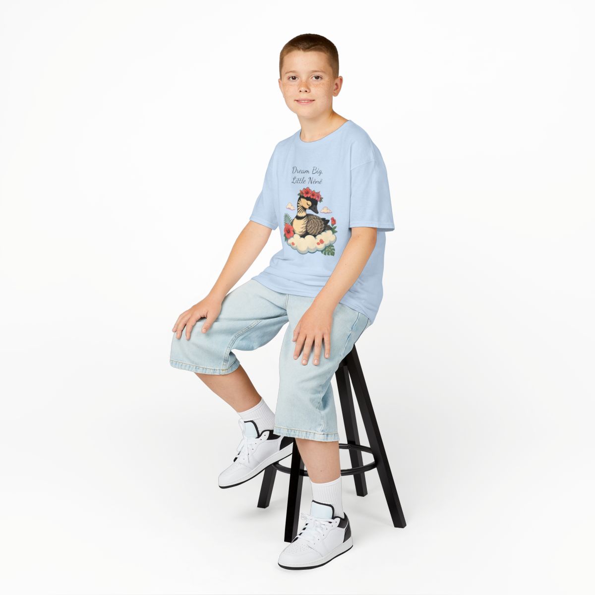 Dream Big Little Nēnē kids tee — Light Blue (studio model photo)