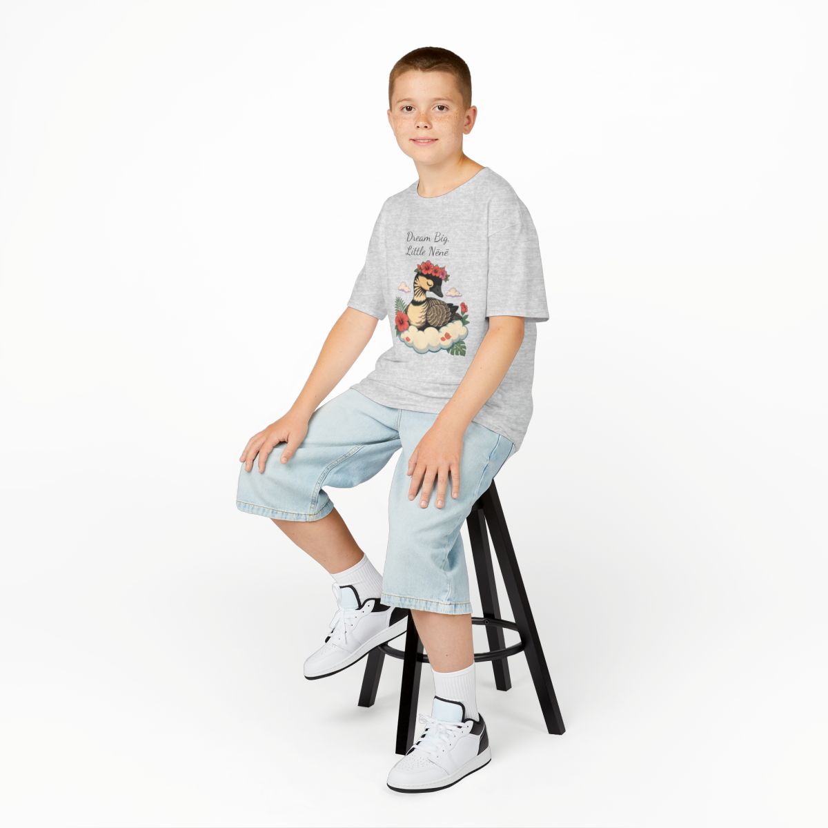 Dream Big Little Nēnē kids tee — Ash (studio model photo)