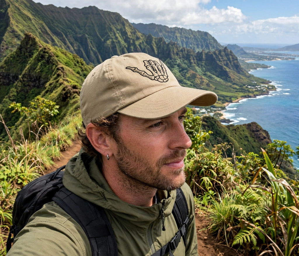 Aloha Always Dad Cap — Hawaiian Skeleton Shaka Hat