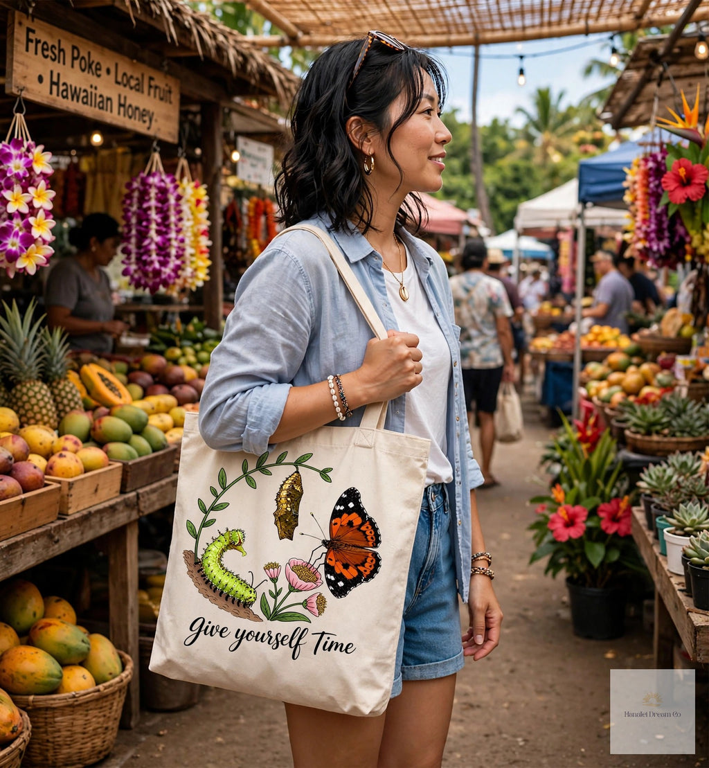 give yourself time kamehameha butterfly canvas tote product photo