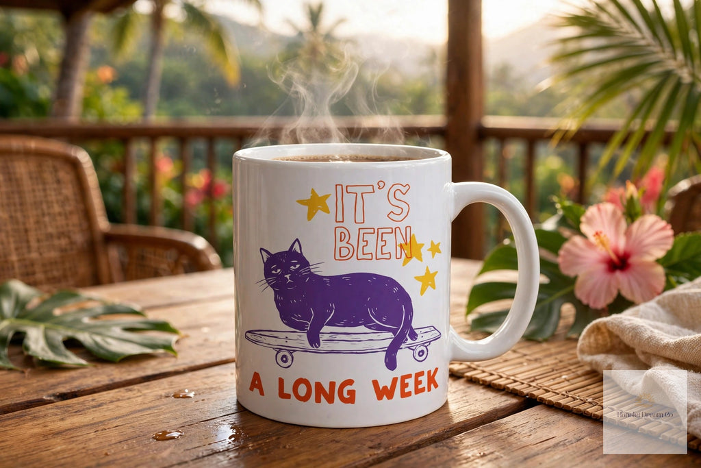 its been a long week cat on skateboard coffee mug product photo
