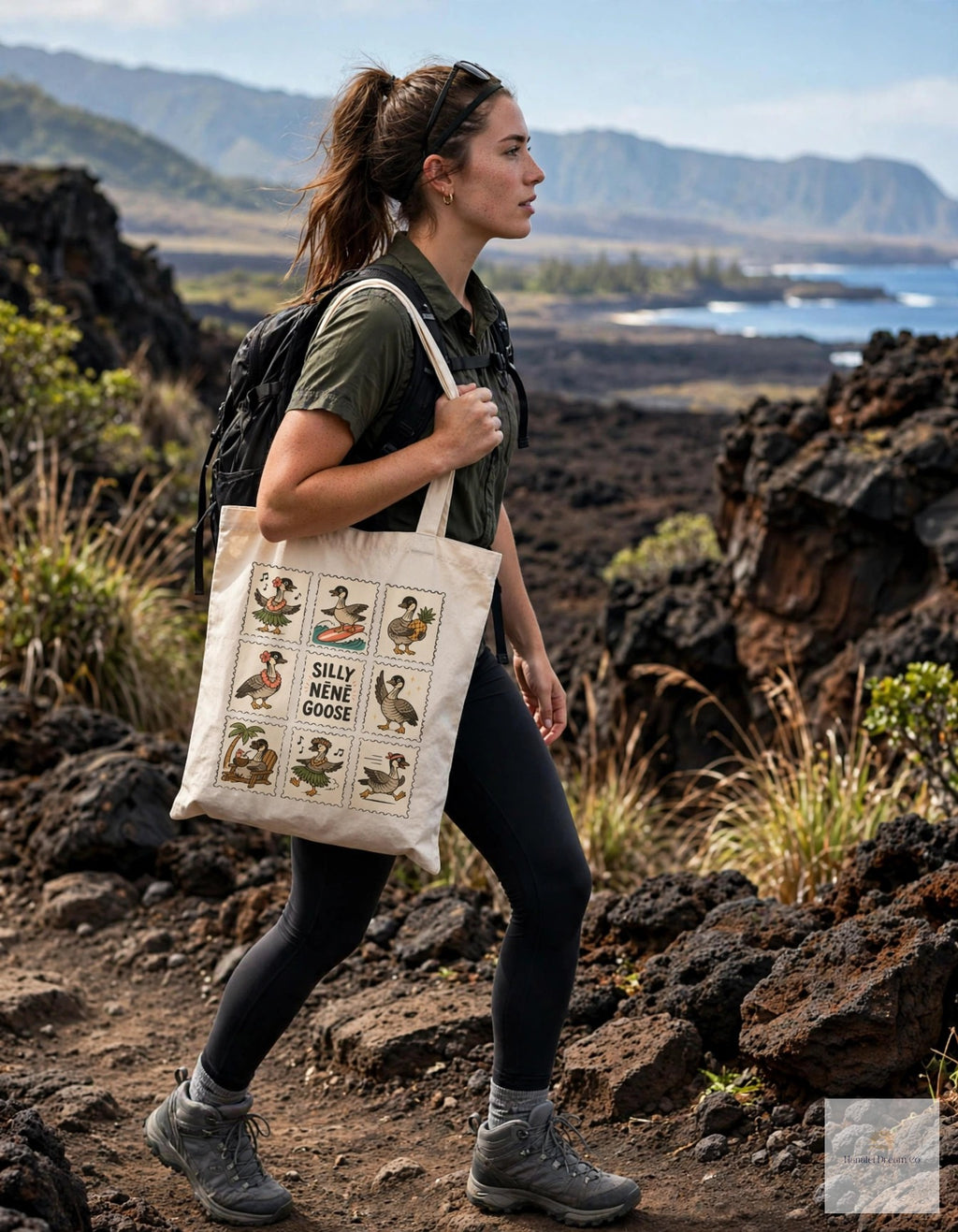 silly nēnē goose stamp canvas tote vintage hawaiian product photo