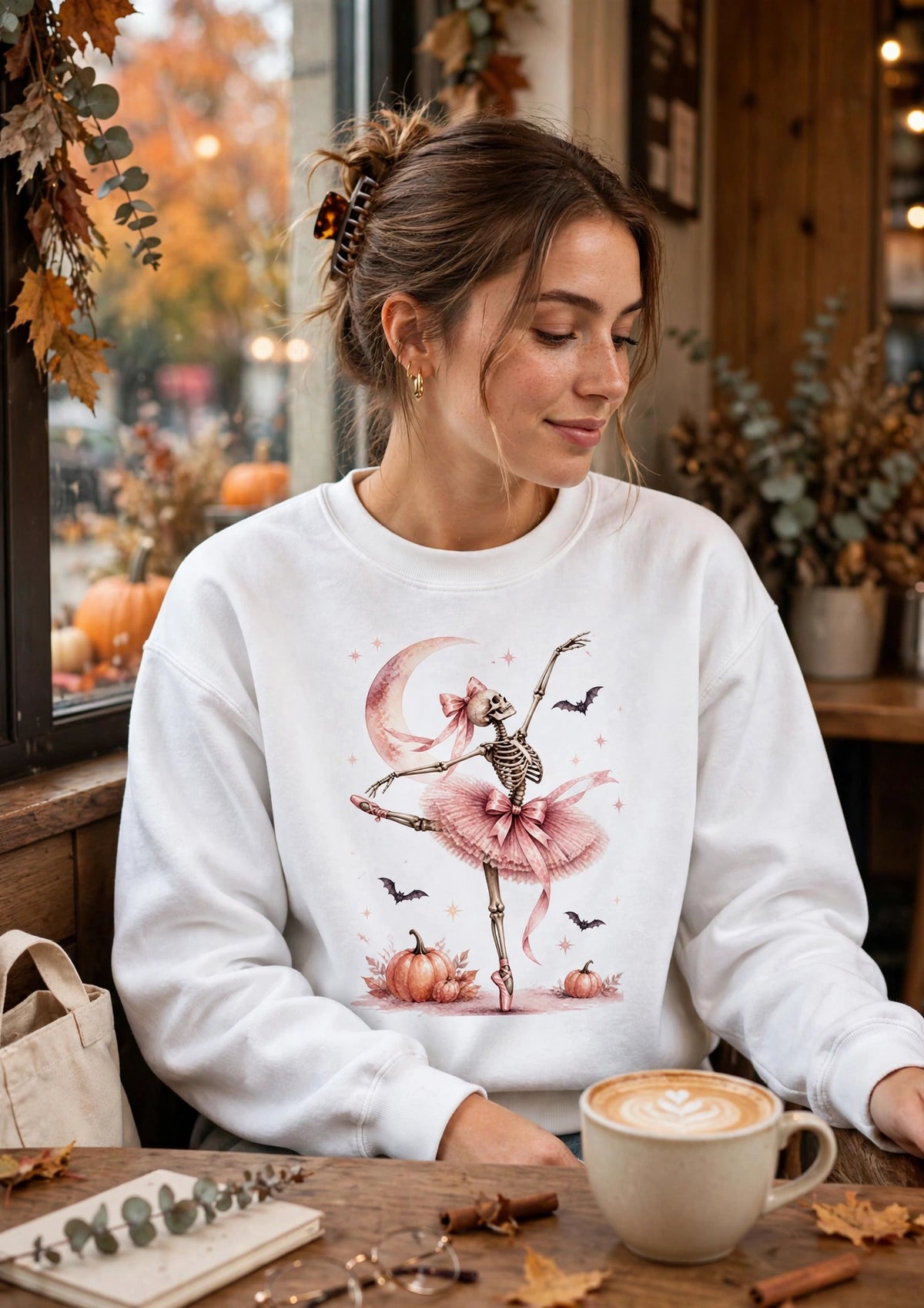 Skeleton Ballerina Ballet Dancer Sweatshirt | Halloween Pumpkin Moon