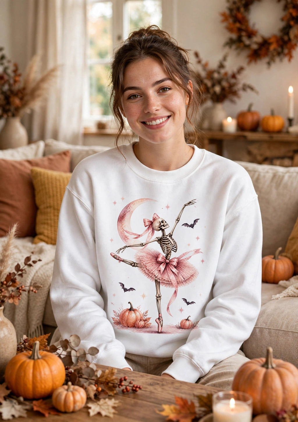 Skeleton Ballerina Ballet Dancer Sweatshirt | Halloween Pumpkin Moon