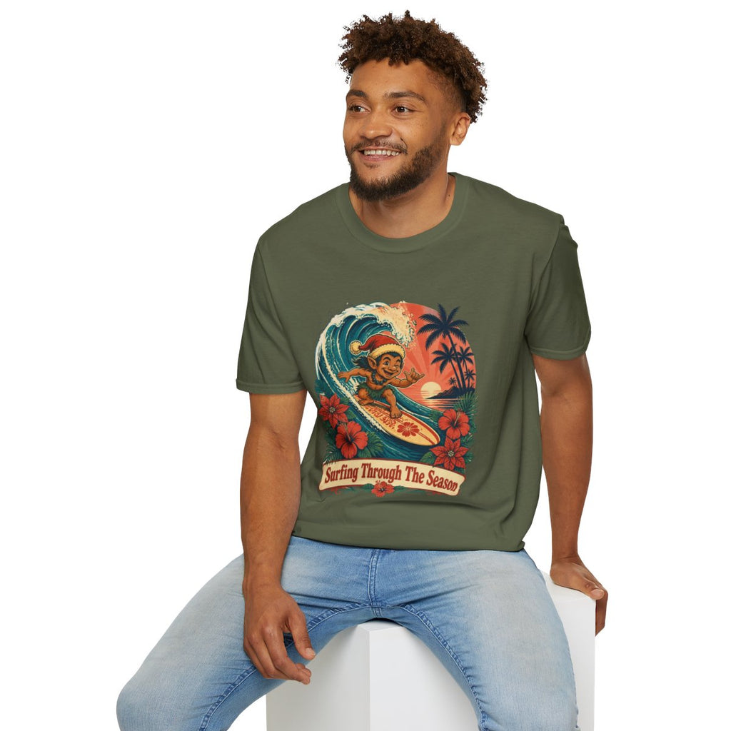 Menehune Surfing Through The Season tee in Military Green - seated model