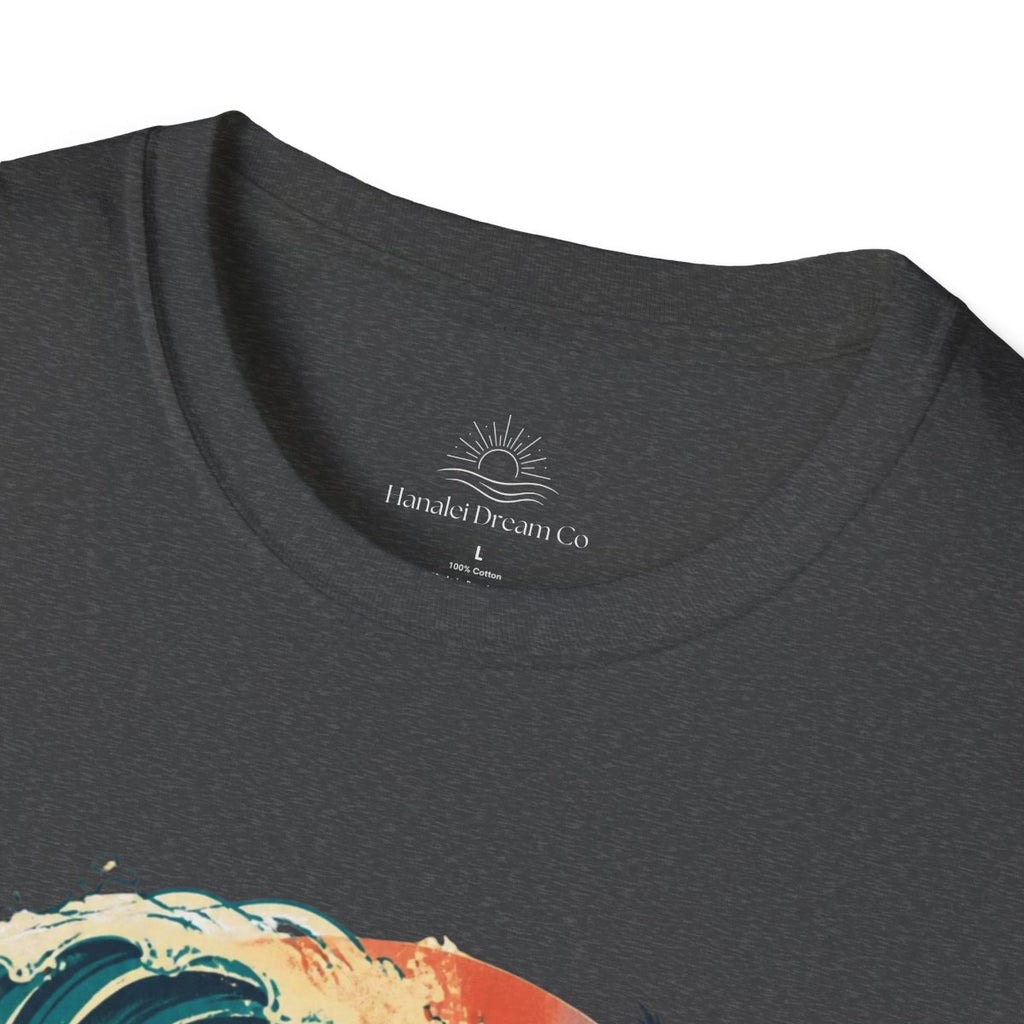 Menehune Surfing Through The Season tee in Dark Heather - neck label detail