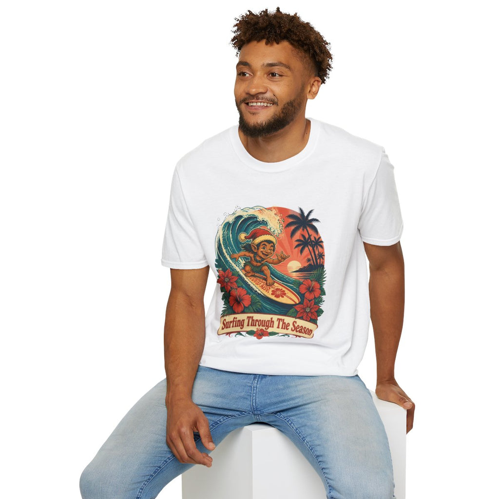 Menehune Surfing Through The Season tee in White - seated model