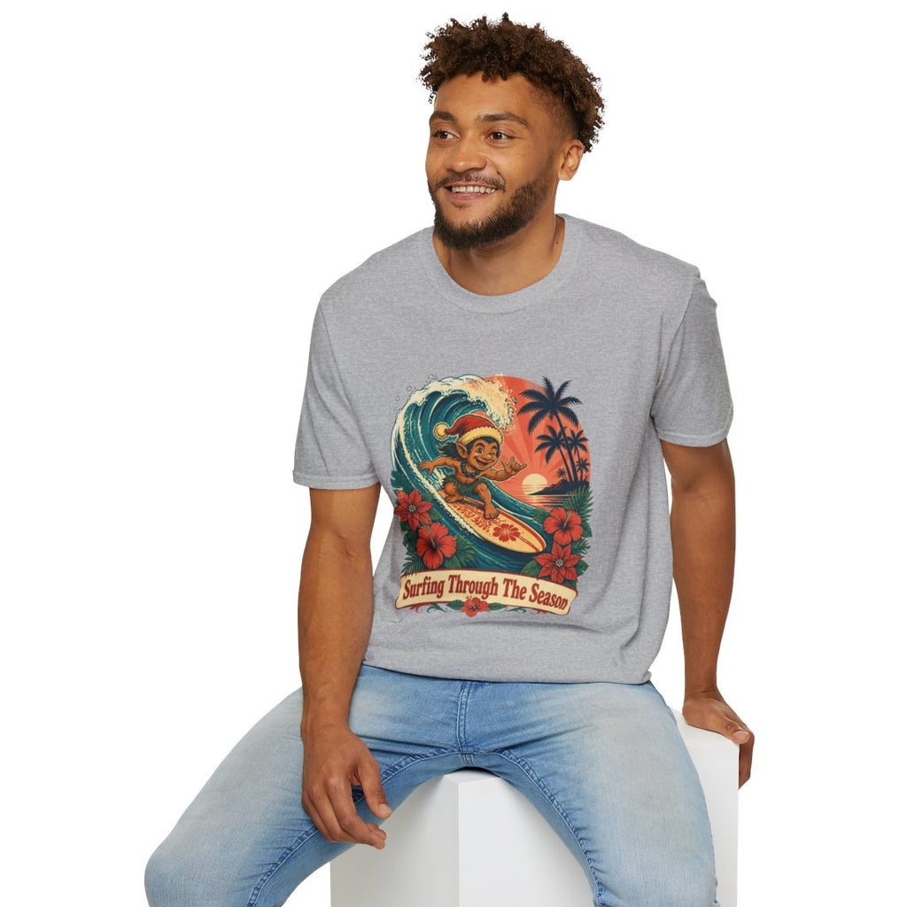 Menehune Surfing Through The Season tee in Sport Grey - seated model