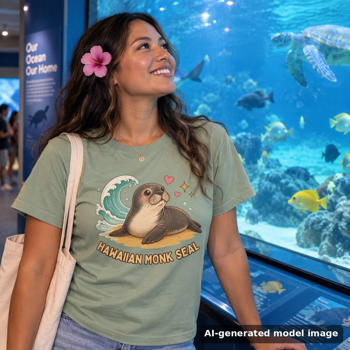 Hawaiian Monk Seal tee — woman smiling at an aquarium tank