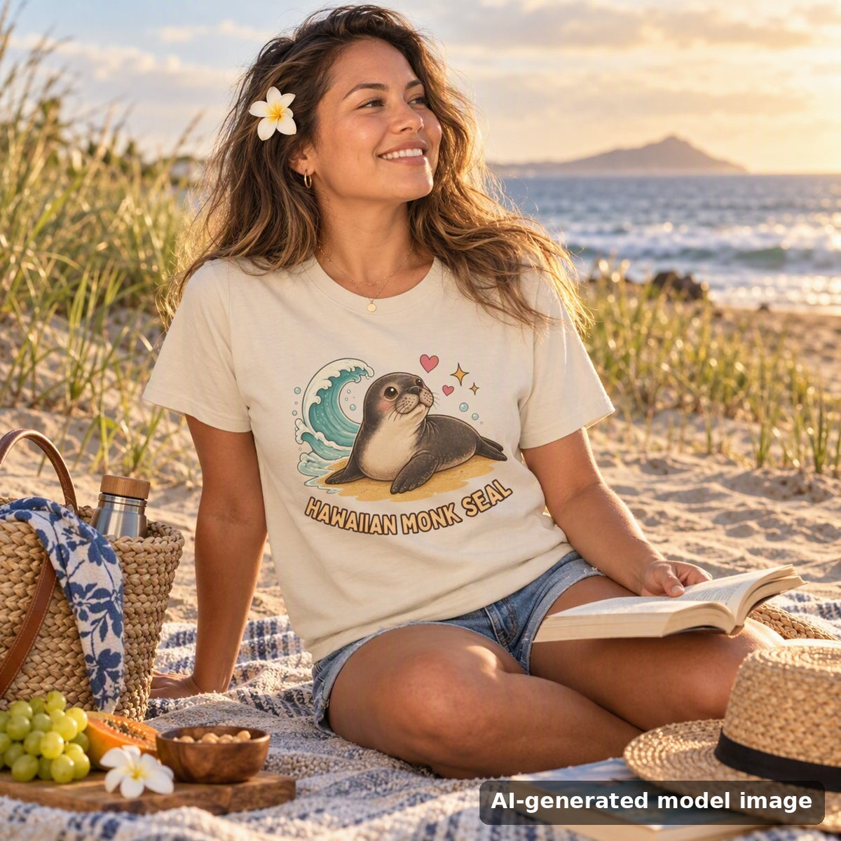 Hawaiian Monk Seal tee — woman reading on a beach picnic blanket