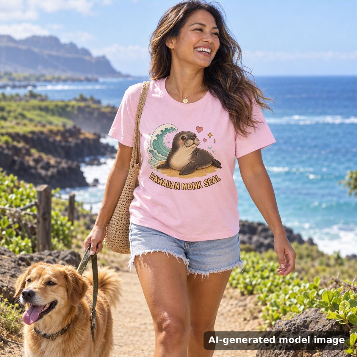 Hawaiian Monk Seal tee — woman walking a golden retriever on a coastal path