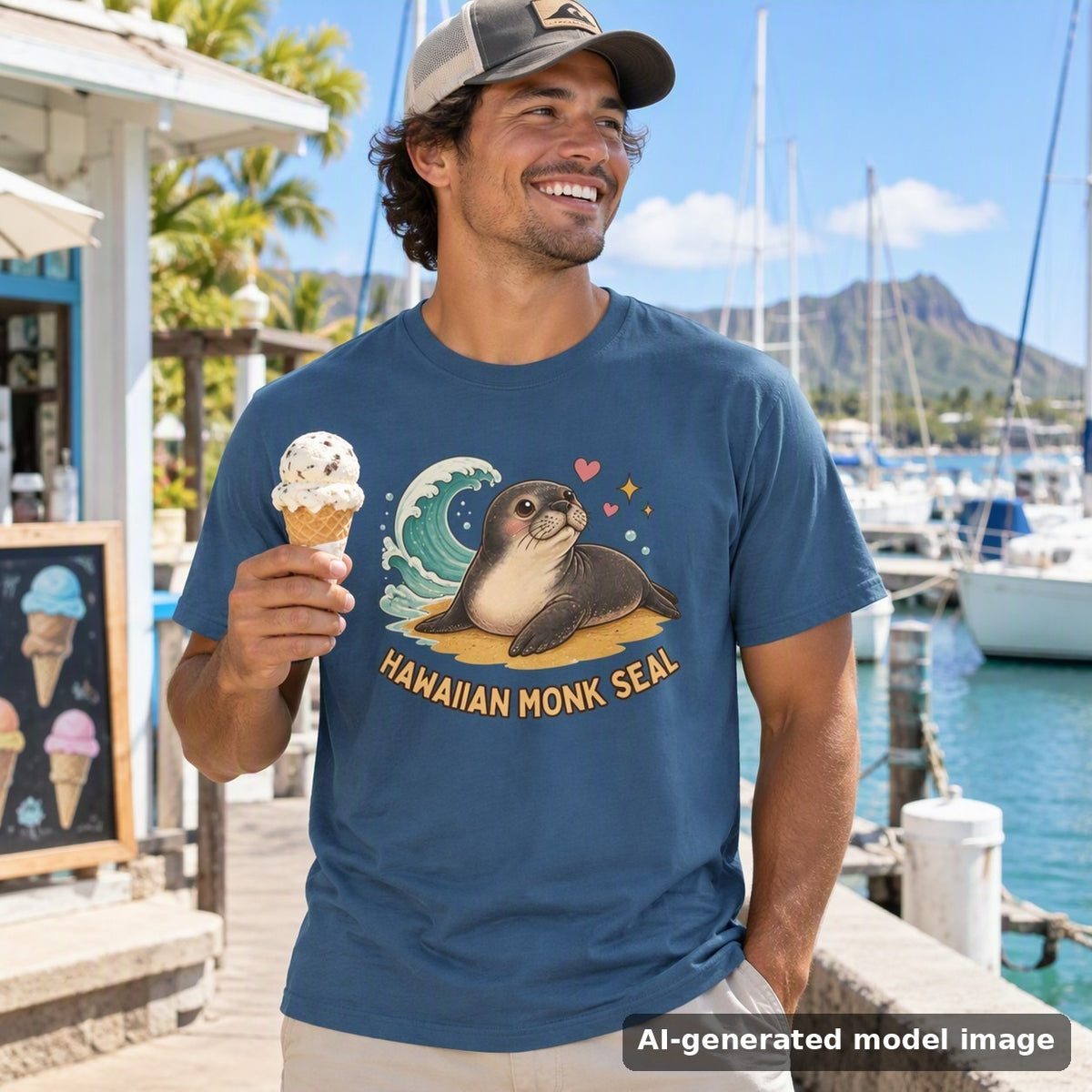 Hawaiian Monk Seal tee — man holding an ice cream cone at a harbor