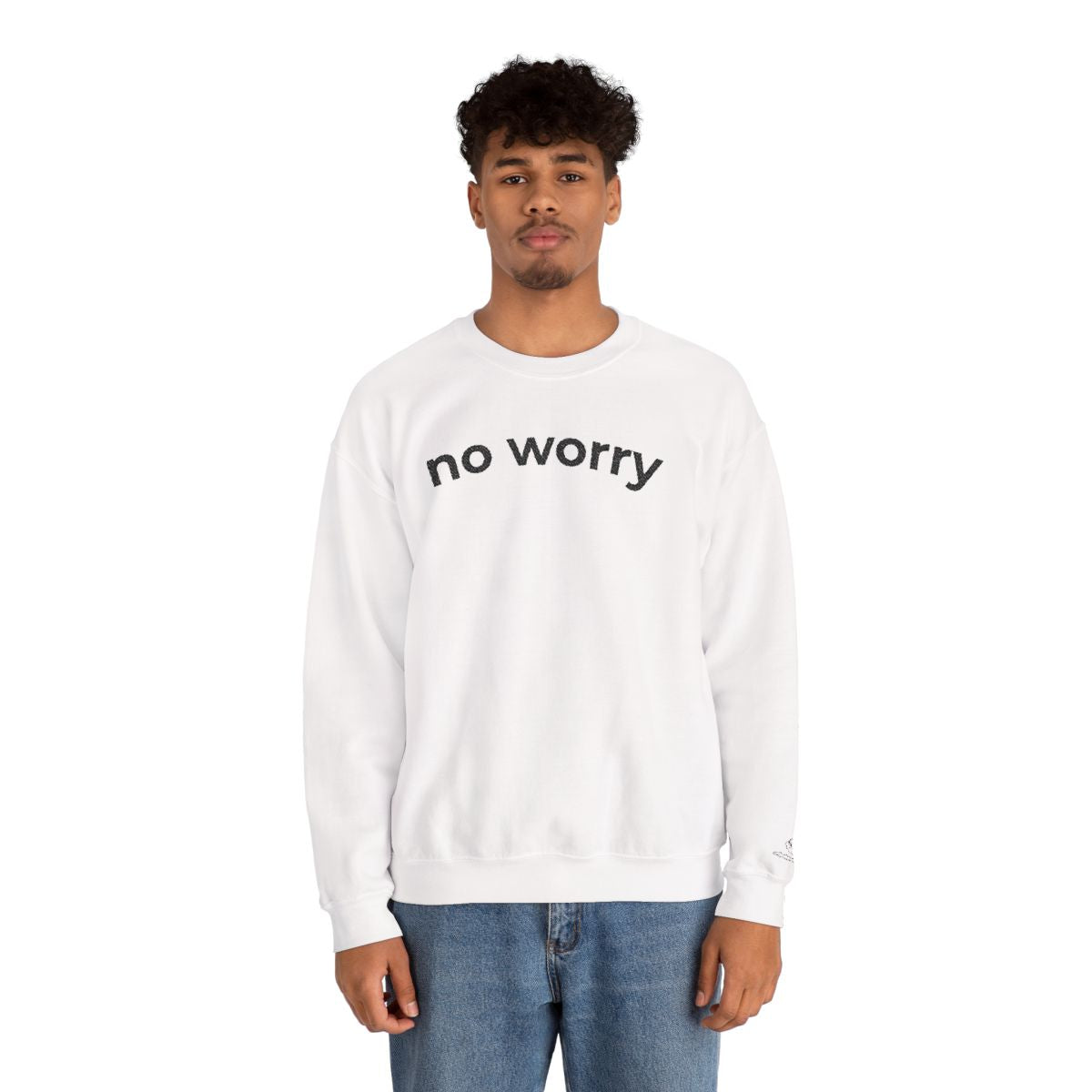 Man standing wearing the white No Worry crewneck