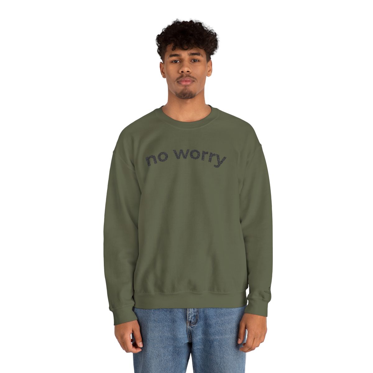 Man standing wearing the military green No Worry crewneck