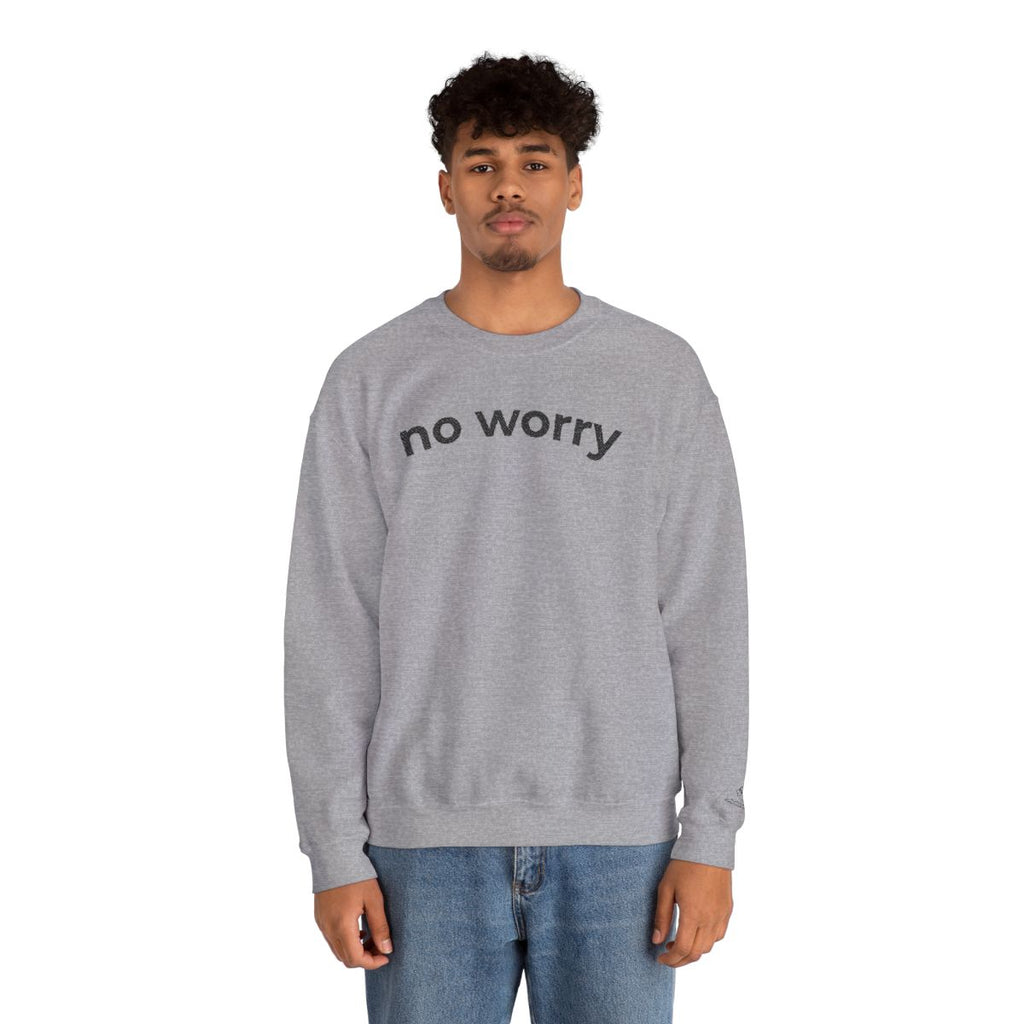 Man standing wearing the sport grey No Worry crewneck