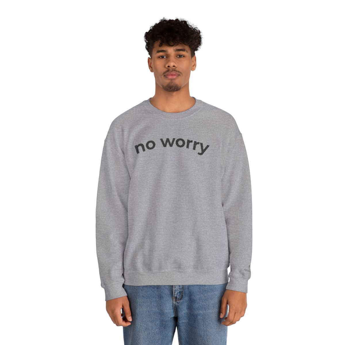 Man standing wearing the sport grey No Worry crewneck