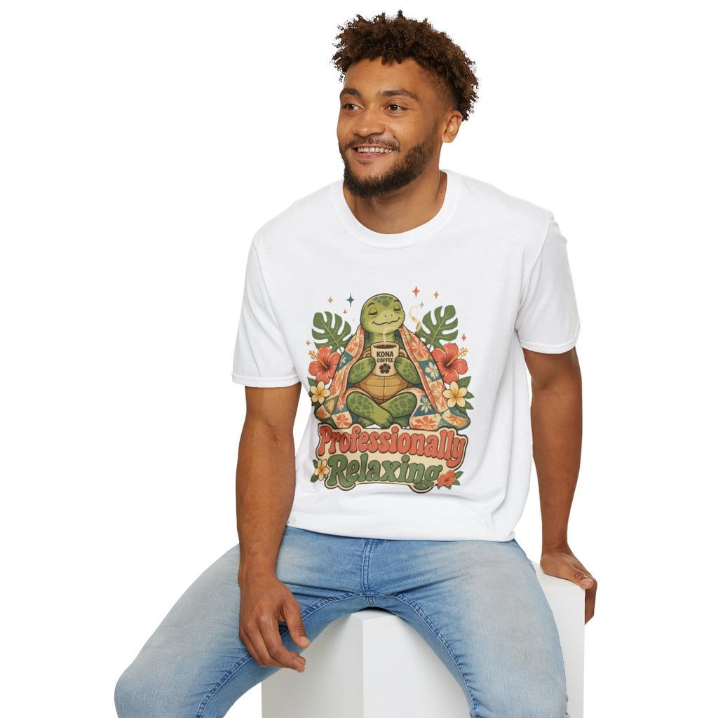 Man sitting wearing the white Professionally Relaxing meditating turtle tee