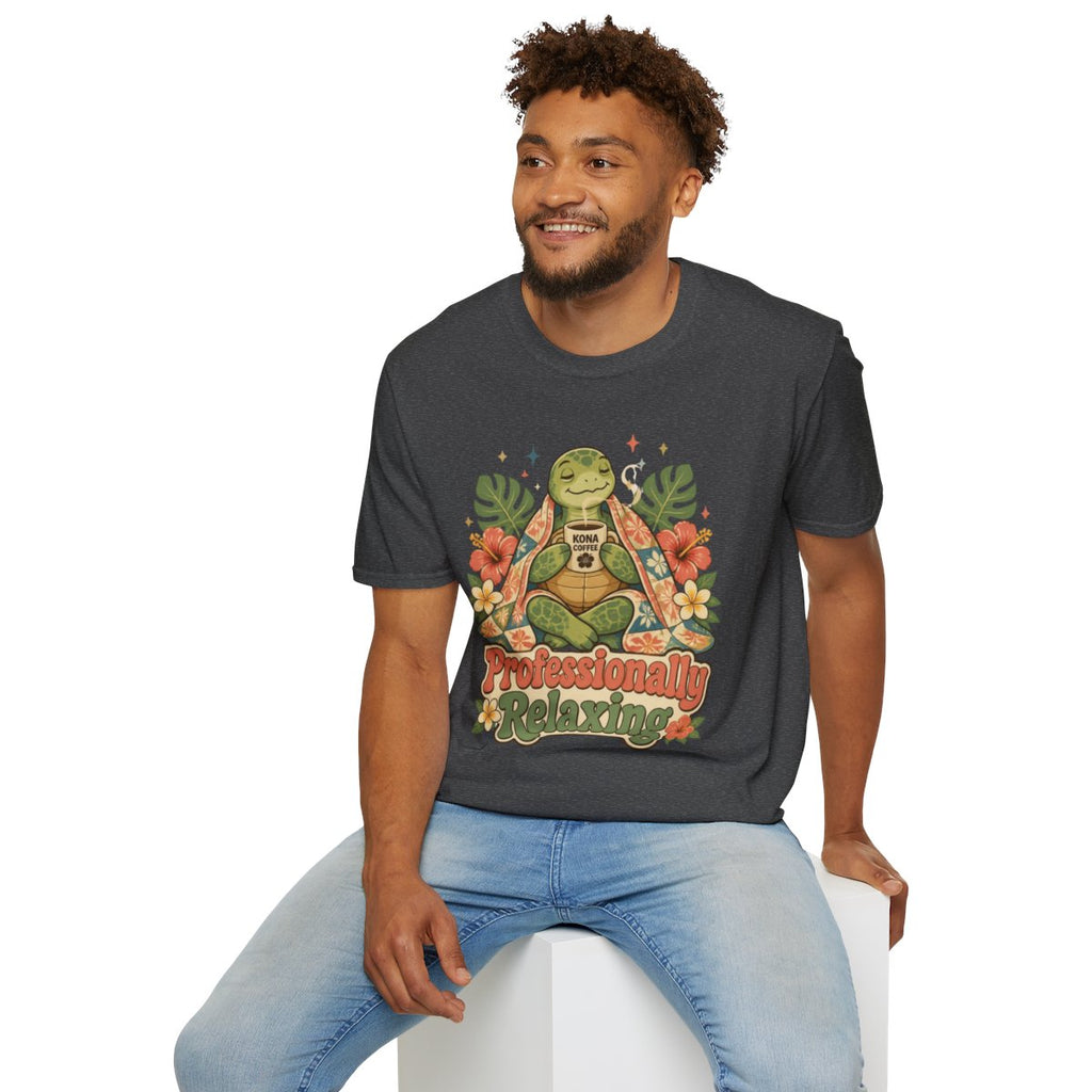 Man sitting wearing the dark heather Professionally Relaxing meditating turtle tee