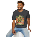Man sitting wearing the dark heather Professionally Relaxing meditating turtle tee