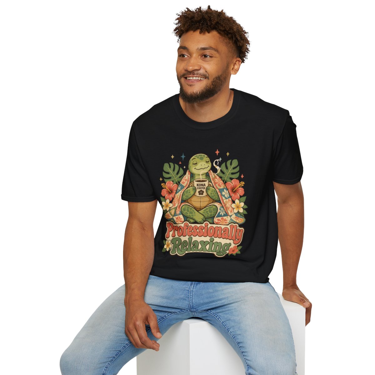 Man sitting wearing the black Professionally Relaxing meditating turtle tee
