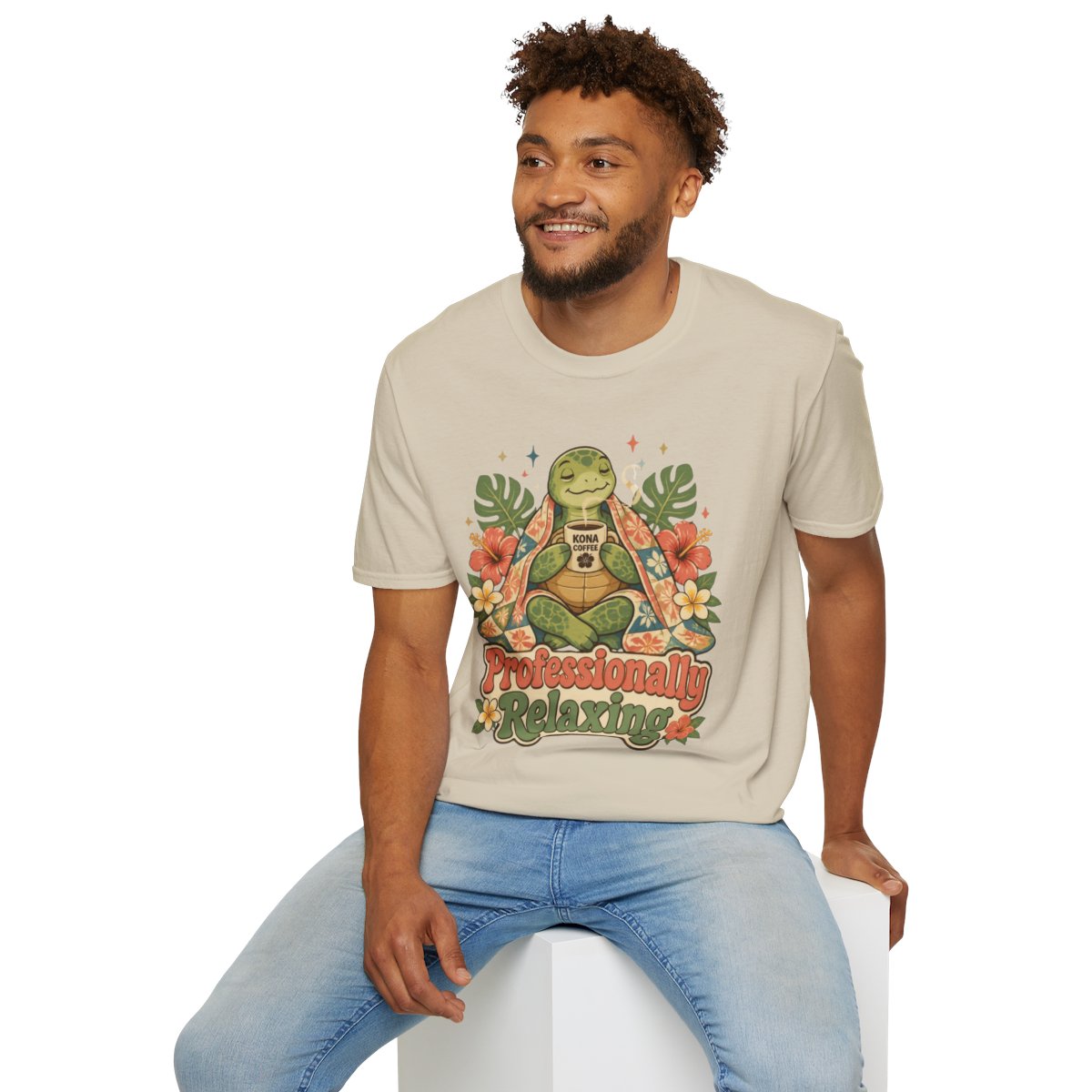 Man sitting wearing the sand Professionally Relaxing meditating turtle tee