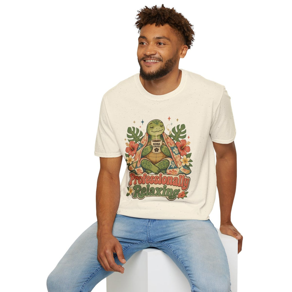 Man sitting wearing the natural Professionally Relaxing meditating turtle tee