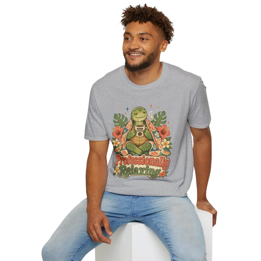 Man sitting wearing the sport grey Professionally Relaxing meditating turtle tee