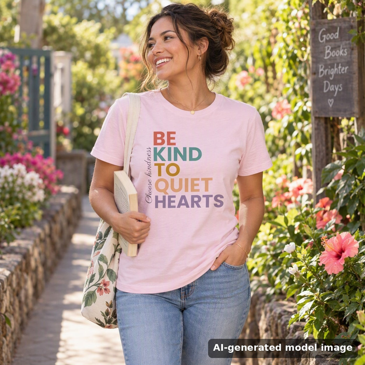 Be Kind To Quiet Hearts tee — woman walking a flower-lined garden path with a book