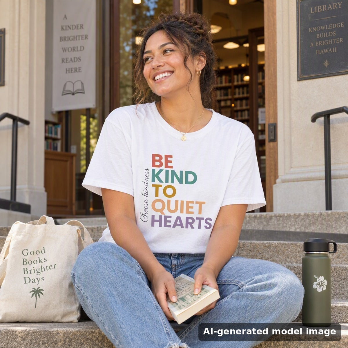 Be Kind To Quiet Hearts tee — woman sitting on library steps with a book