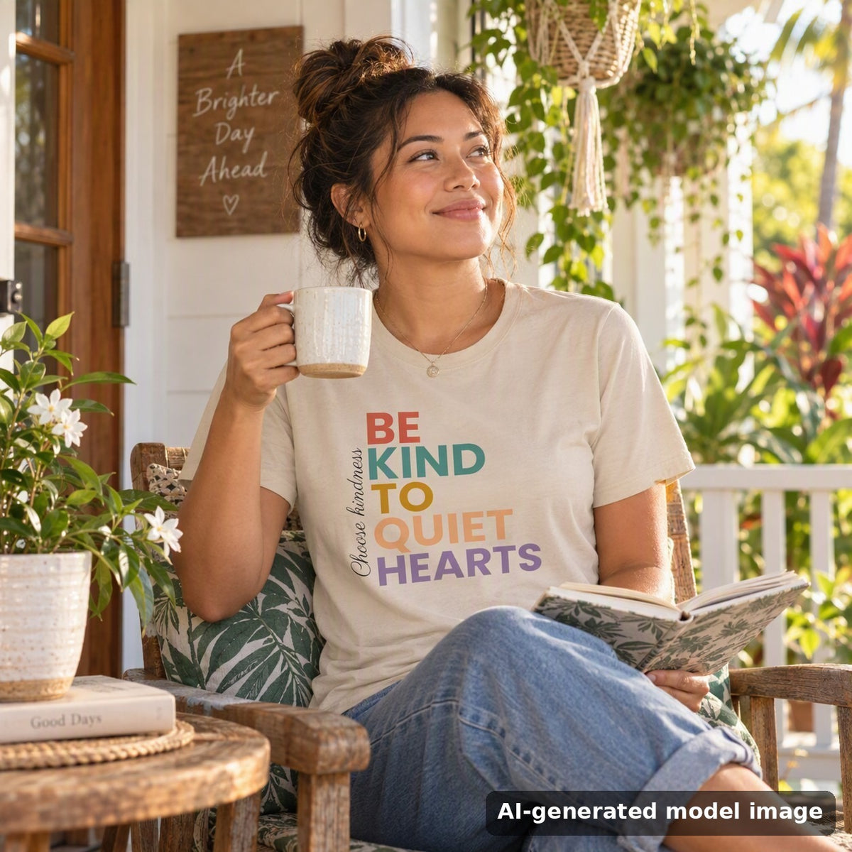 Be Kind To Quiet Hearts tee — woman with coffee and a journal on a plant-filled porch