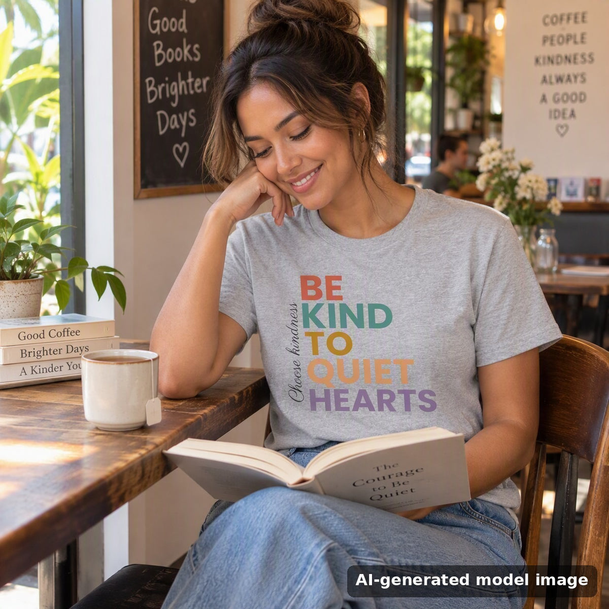Be Kind To Quiet Hearts tee — woman reading in a cozy cafe corner