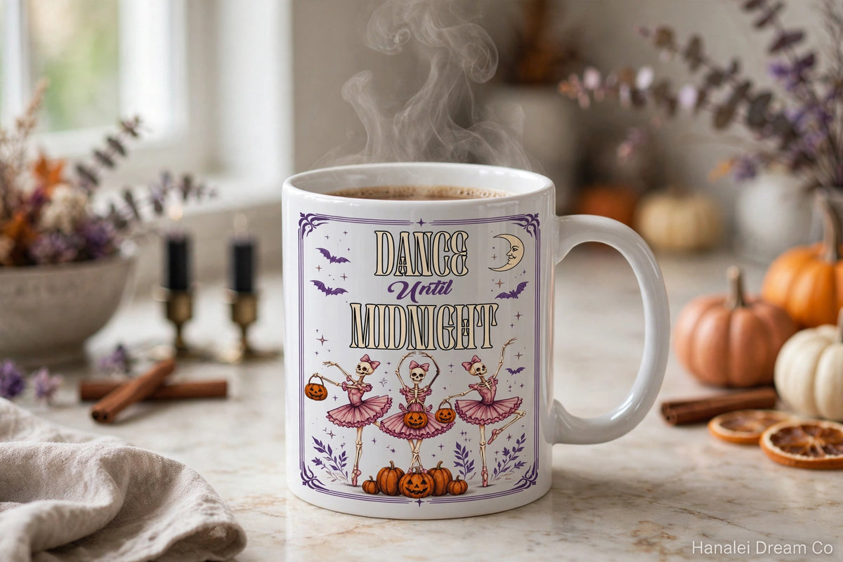 Dance Until Midnight Halloween Mug – Ballerina Skeletons