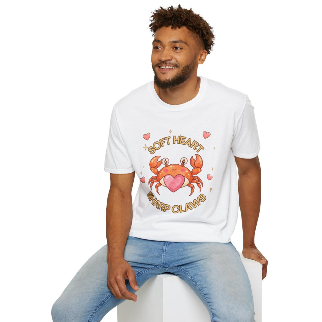 Man sitting wearing the white Soft Heart Sharp Claws crab tee