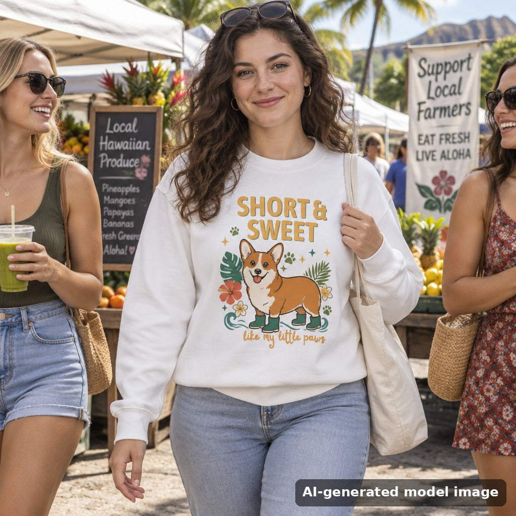 Short & Sweet corgi sweatshirt — woman at a farmers market