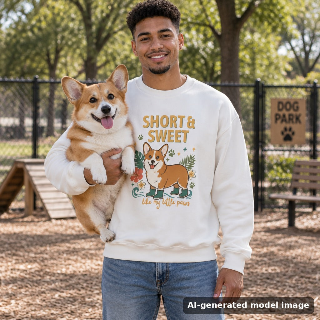 Short & Sweet corgi sweatshirt — man holding a corgi at a dog park