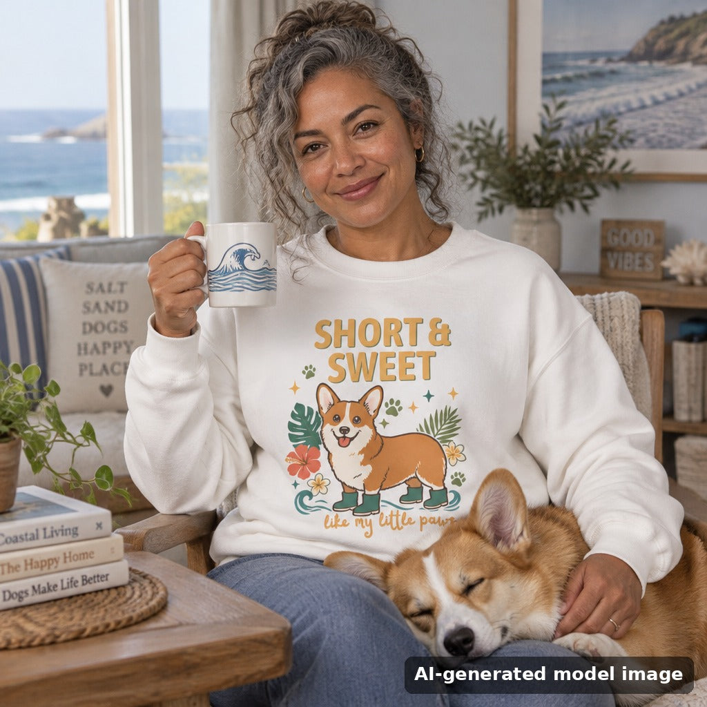 Short & Sweet corgi sweatshirt — woman with a mug on a couch, corgi sleeping beside her