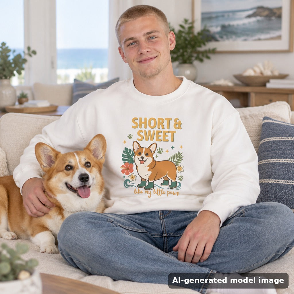 Short & Sweet corgi sweatshirt — man sitting with a corgi on a couch