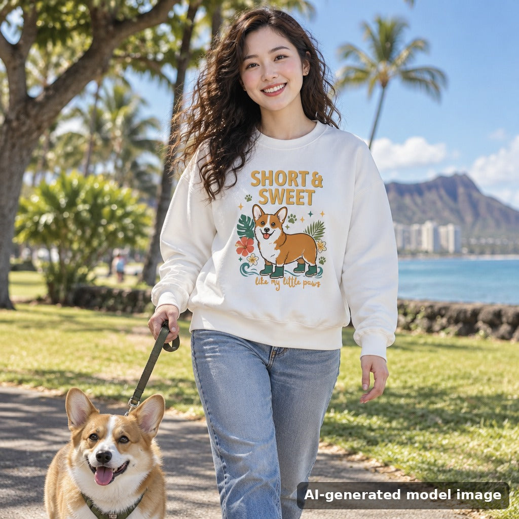 Short & Sweet corgi sweatshirt — woman walking a corgi in a park