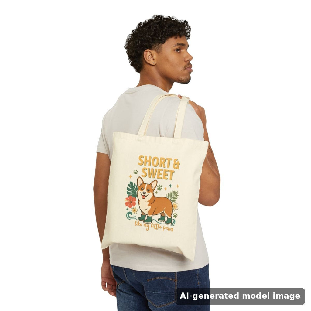 Short & Sweet corgi tote bag — man wearing the Natural tote