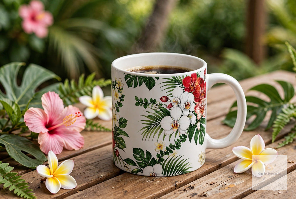 Tropical Floral Ceramic Mug – Hibiscus & Plumeria