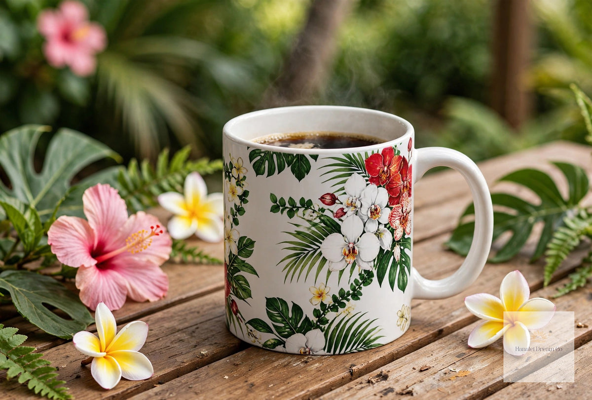 Tropical Floral Ceramic Mug – Hibiscus & Plumeria